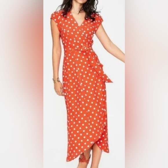 Boden Dresses & Skirts - NWT Boden Antonia Polka Dot Cap Sleeve Midi Wrap Dress Blood Orange Size 6R